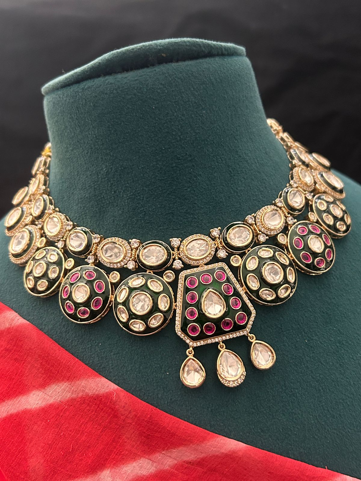 Royal Green & Ruby Kundan Choker Necklace Set with Earrings – Gold Finish